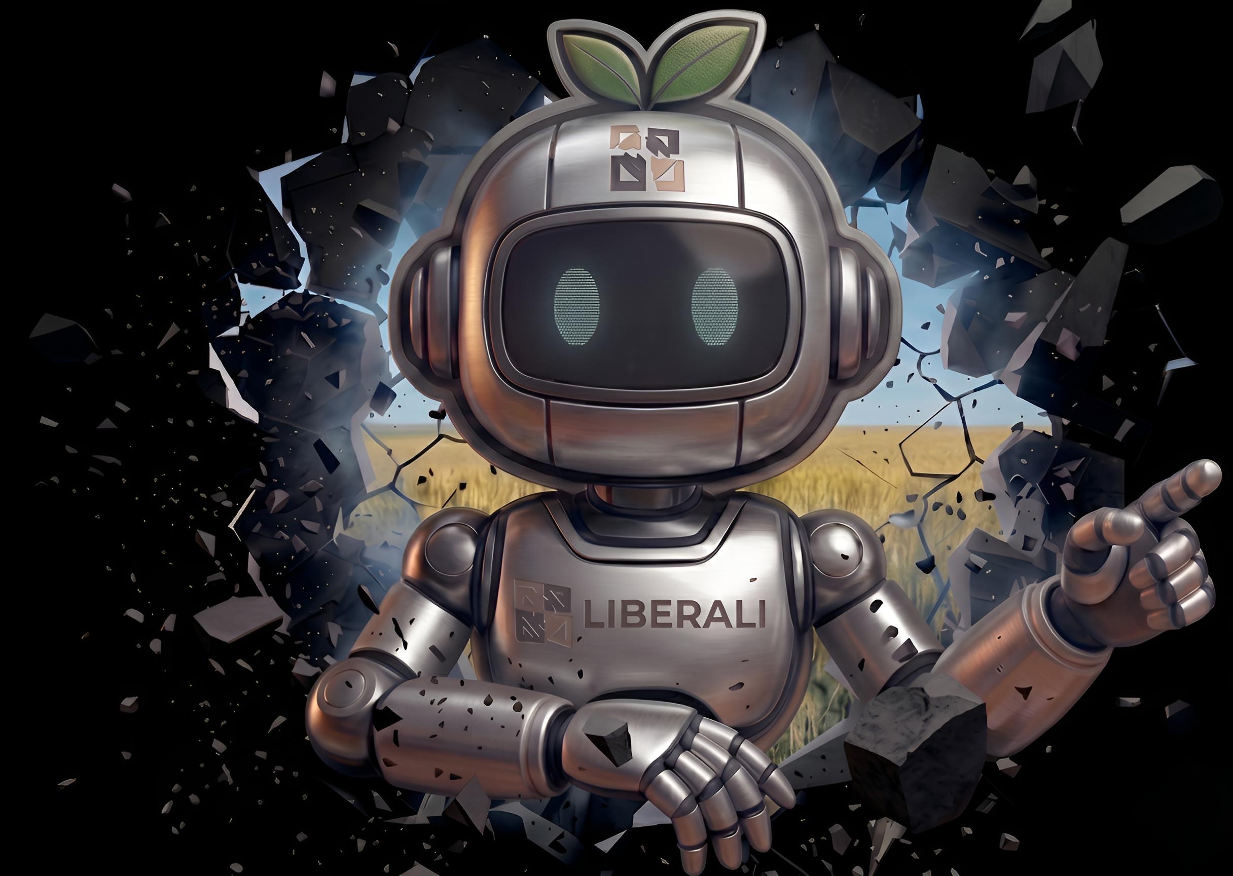 Liberalinho, mascote da Liberali Learning, emergindo de uma parede quebrada